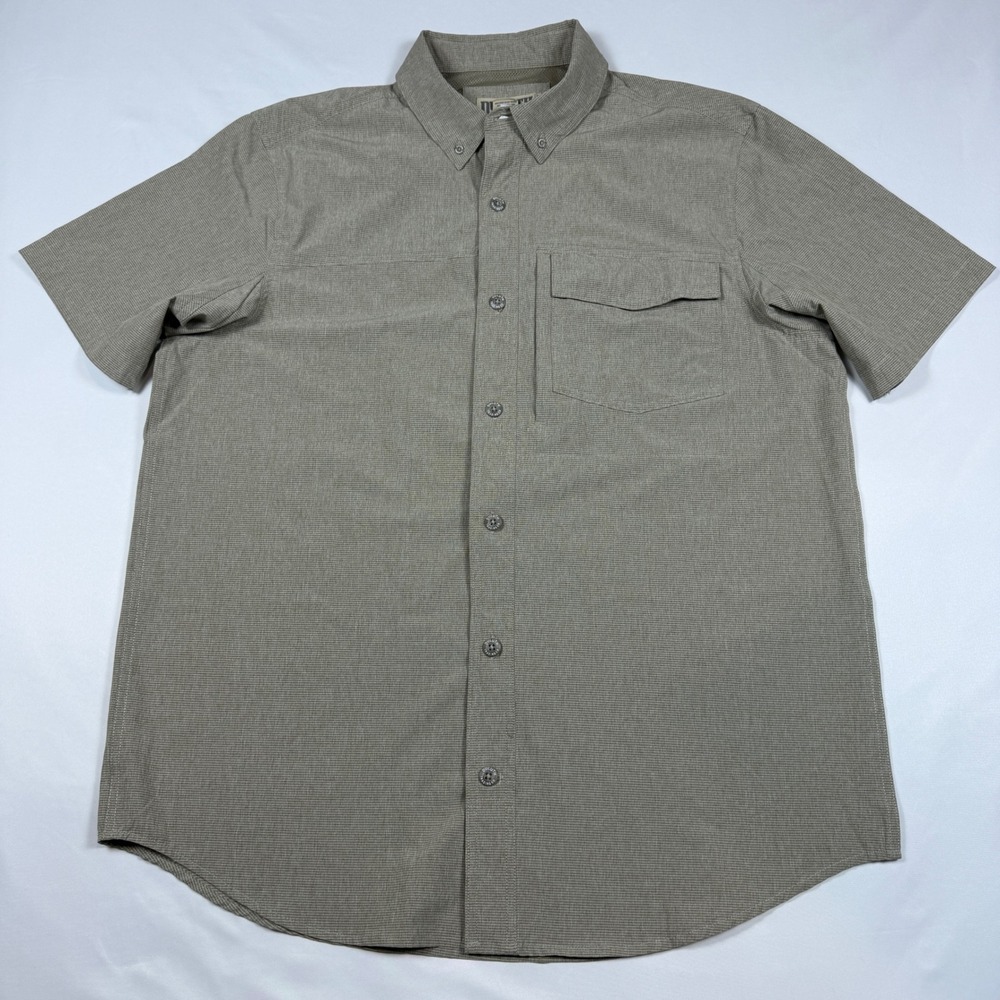 Duluth Trading Co Button Down Mens L Tan Short Sleeve Vented Hiking Shirt